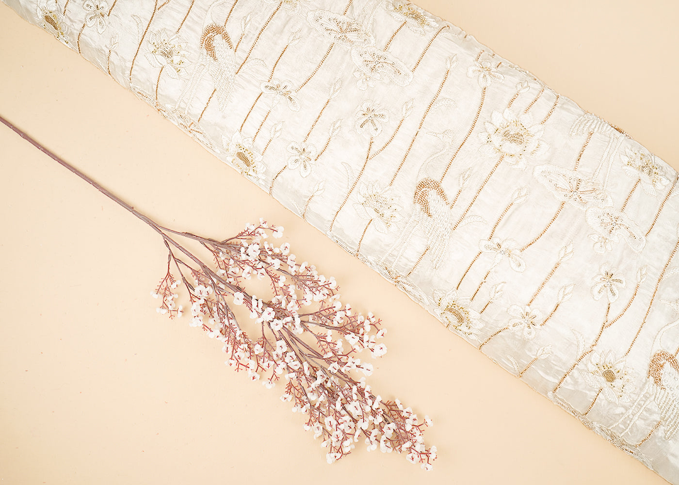 White Dyeable Silk Fabric With All Over Thread, Katdana, Sequins And Bead Work 21675