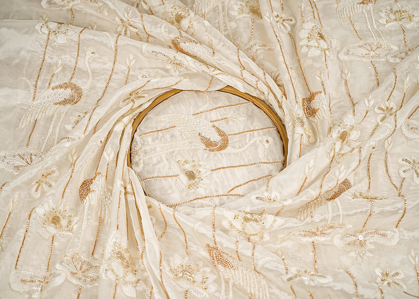 White Dyeable Silk Fabric With All Over Thread, Katdana, Sequins And Bead Work 21675