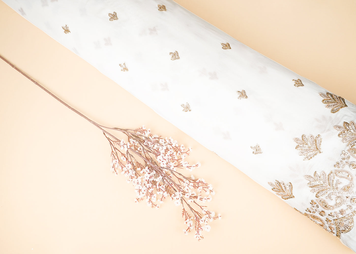 White Dyeable Georgette Fabric With All Over Buti Of Sequins, Katdana And Bead Work With One Side Scalloped Border 21677