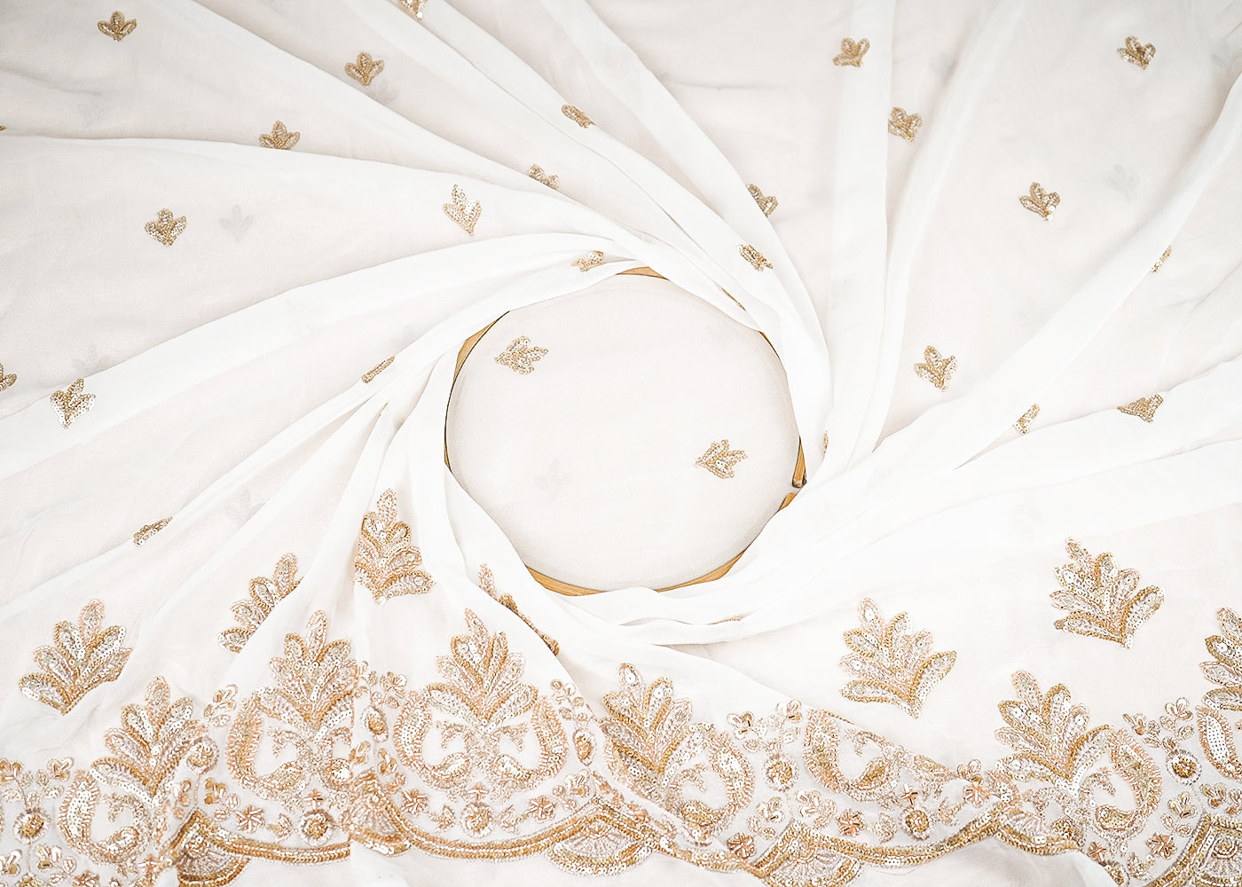 White Dyeable Georgette Fabric With All Over Buti Of Sequins, Katdana And Bead Work With One Side Scalloped Border 21677