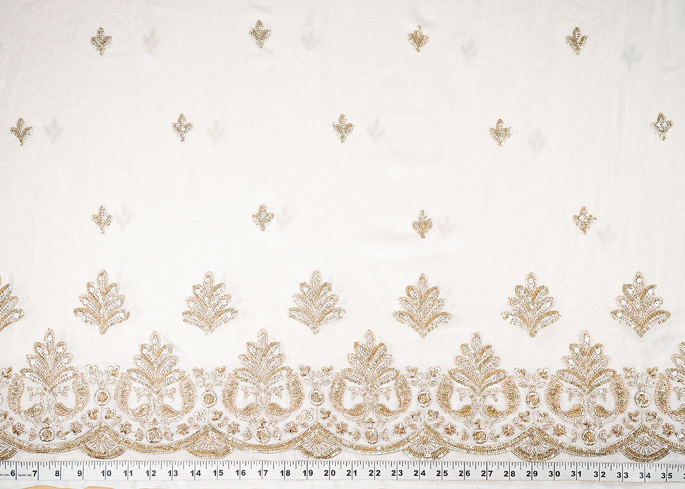 White Dyeable Georgette Fabric With All Over Buti Of Sequins, Katdana And Bead Work With One Side Scalloped Border 21677