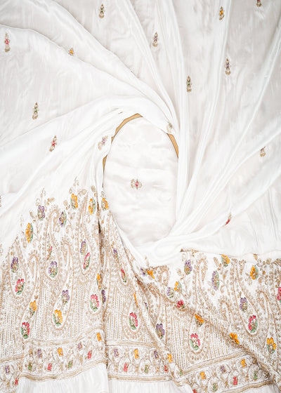White Dyeable Crepe Fabric With All Over Buti Of Zari, Sequins, Thread And Katdana Work With One Side Border 21678