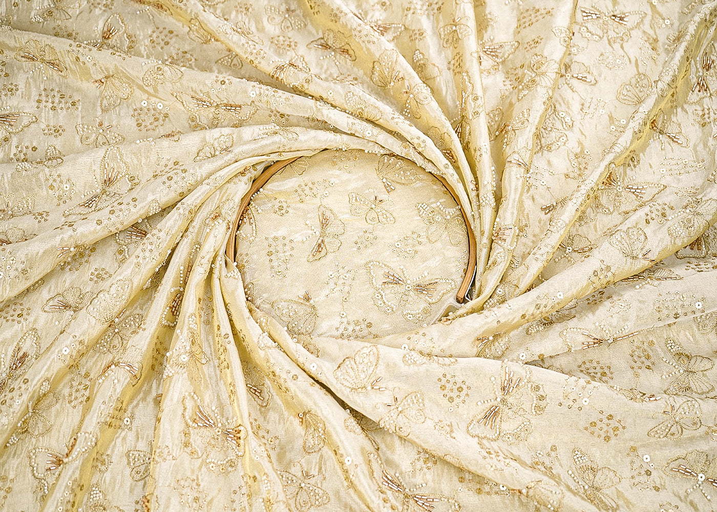 Golden Dyeable Tissue Fabric With All Over Zari, Sequins, Bead And Katdana Work 21680