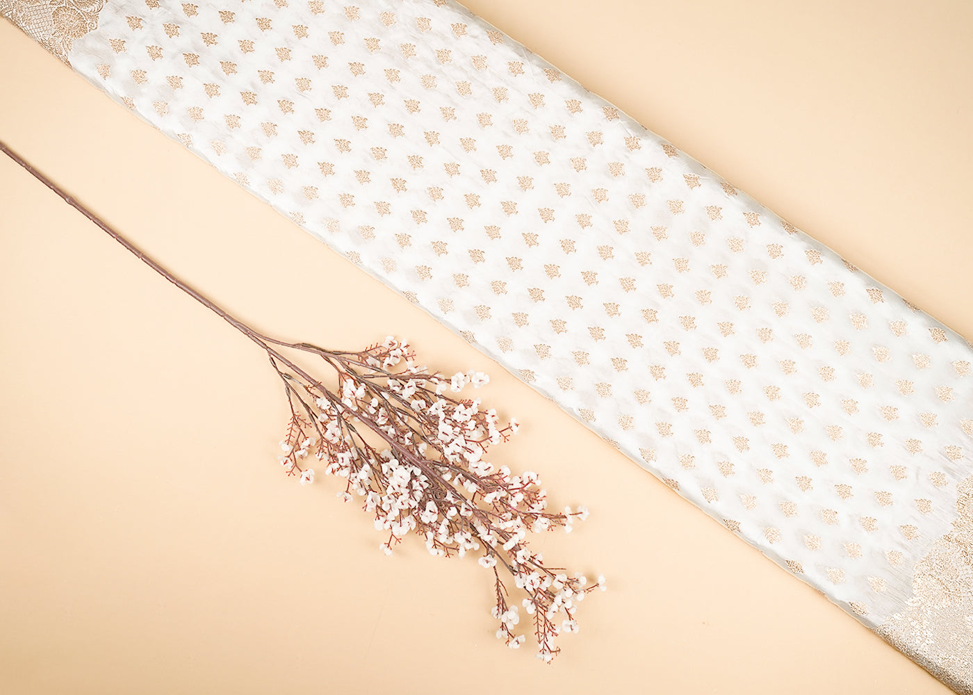 White Dyeable Crepe Fabric With All Over Zari Handloom 21687