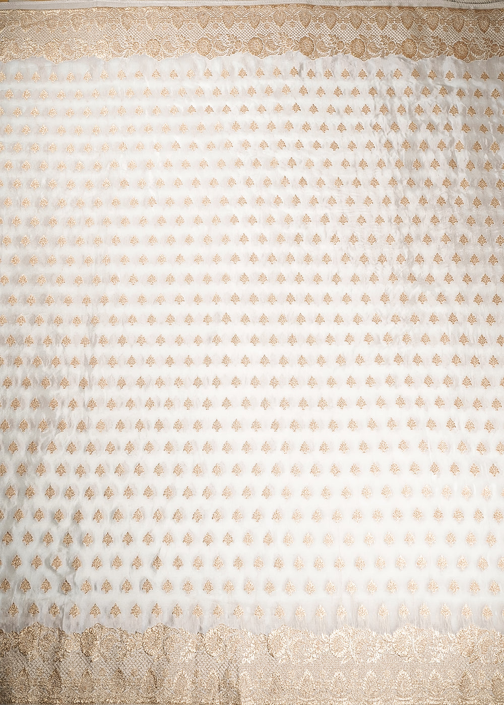 White Dyeable Crepe Fabric With All Over Zari Handloom 21687