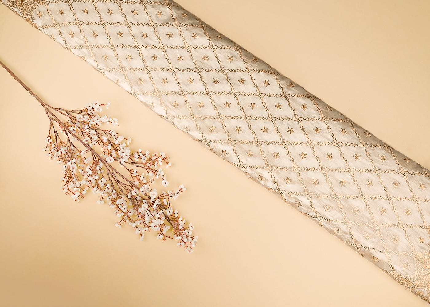 White Dyeable Crepe Fabric With All Over Zari Handloom With Two Side Border 21693