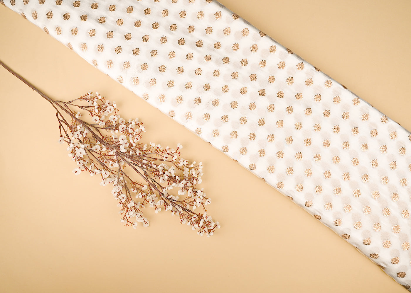 White Dyeable Crepe Fabric With All Over Buti Of Zari Handloom 21694