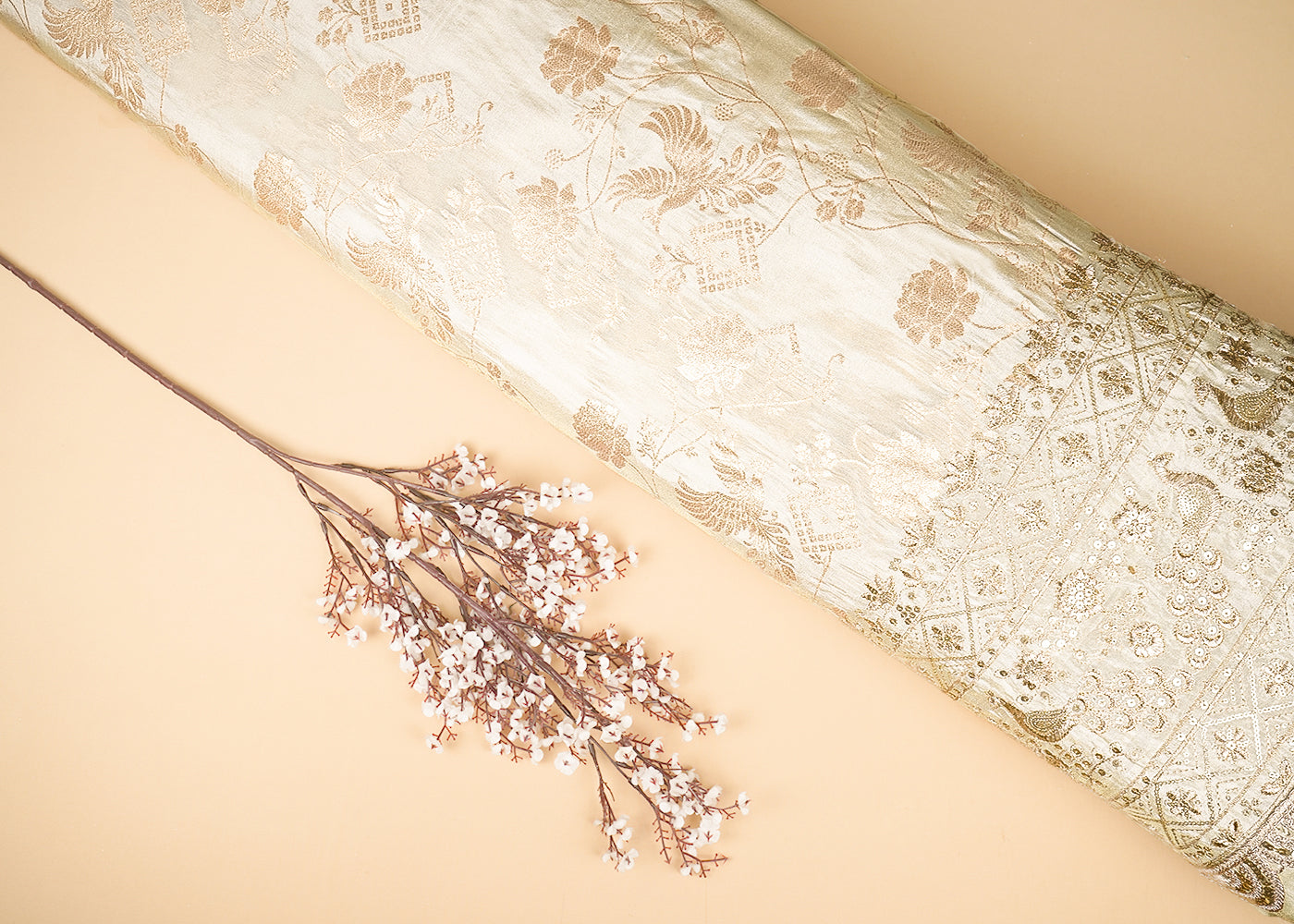 Golden Dyeable Tissue Fabric With All Over Zari Handloom And One-Side Sequins And Zari Work Scalloped Border 21697