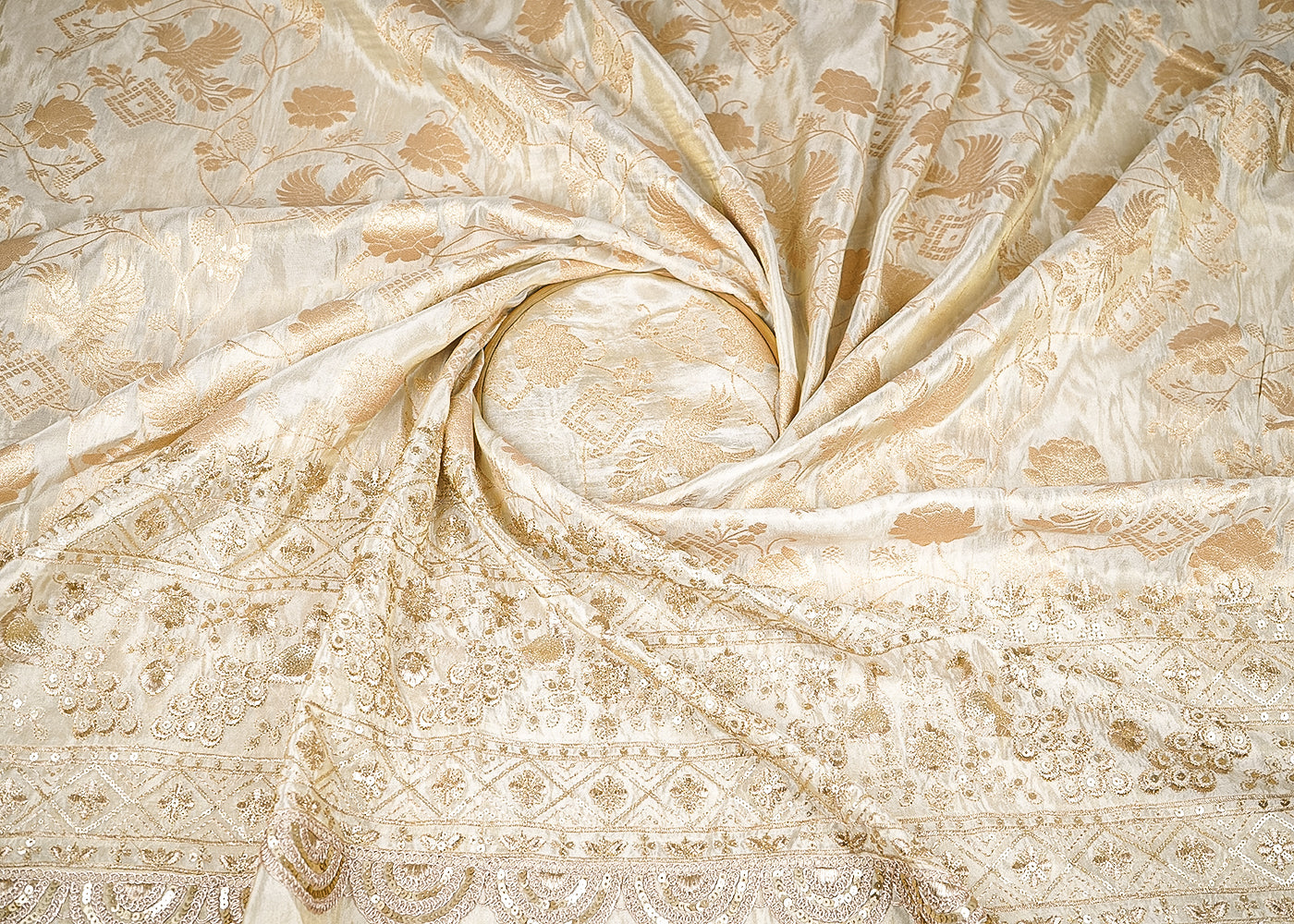 Golden Dyeable Tissue Fabric With All Over Zari Handloom And One-Side Sequins And Zari Work Scalloped Border 21697