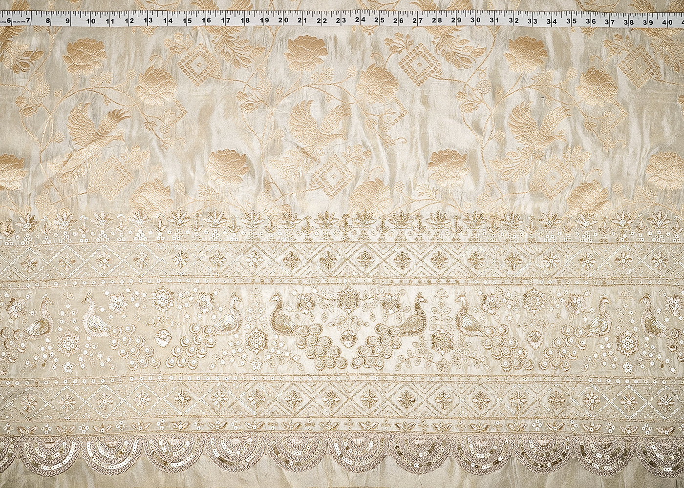 Golden Dyeable Tissue Fabric With All Over Zari Handloom And One-Side Sequins And Zari Work Scalloped Border 21697