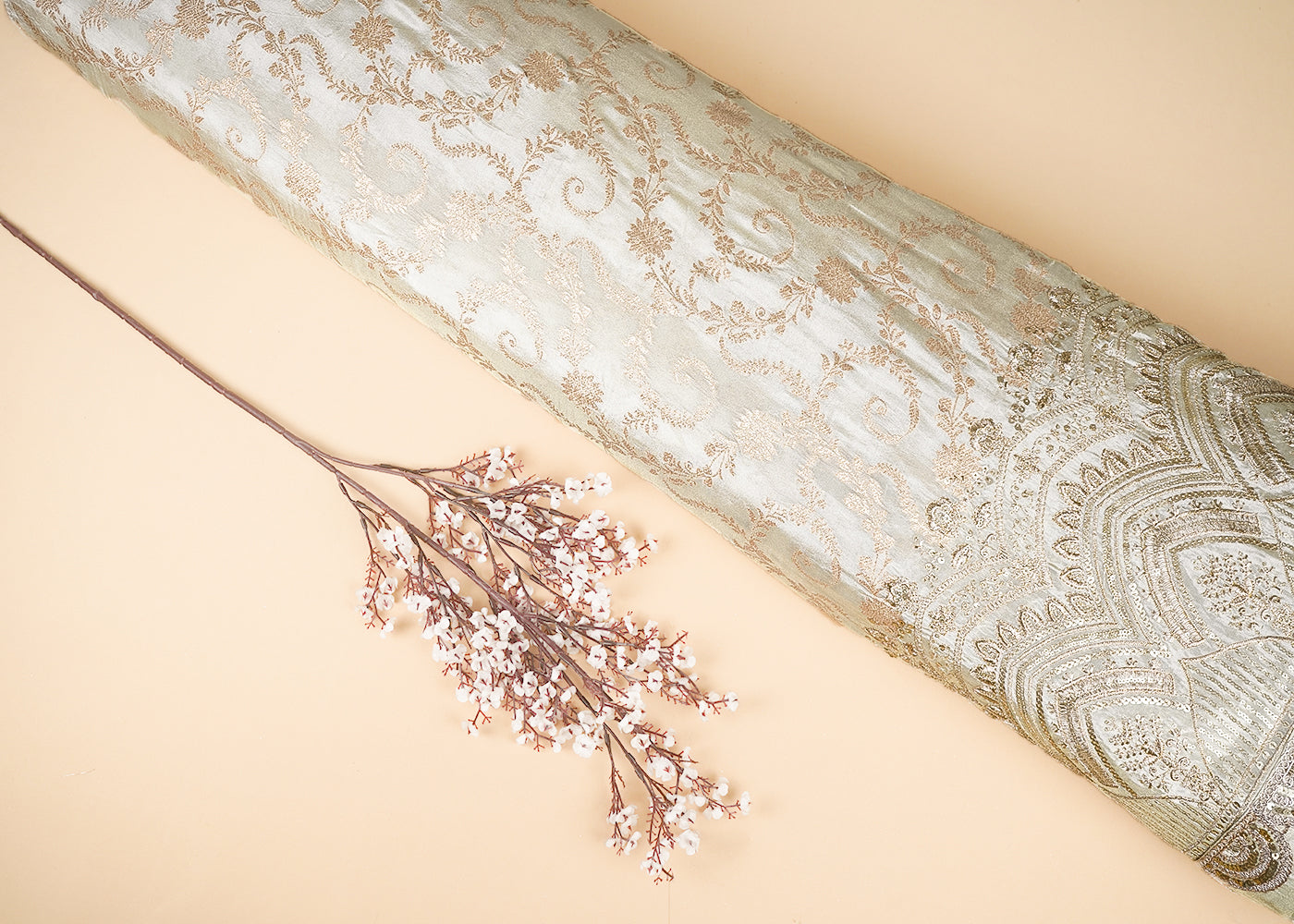 Golden Dyeable Tissue Fabric With All Over Zari Handloom And One-Side Sequins And Zari Work Scalloped Border 21698