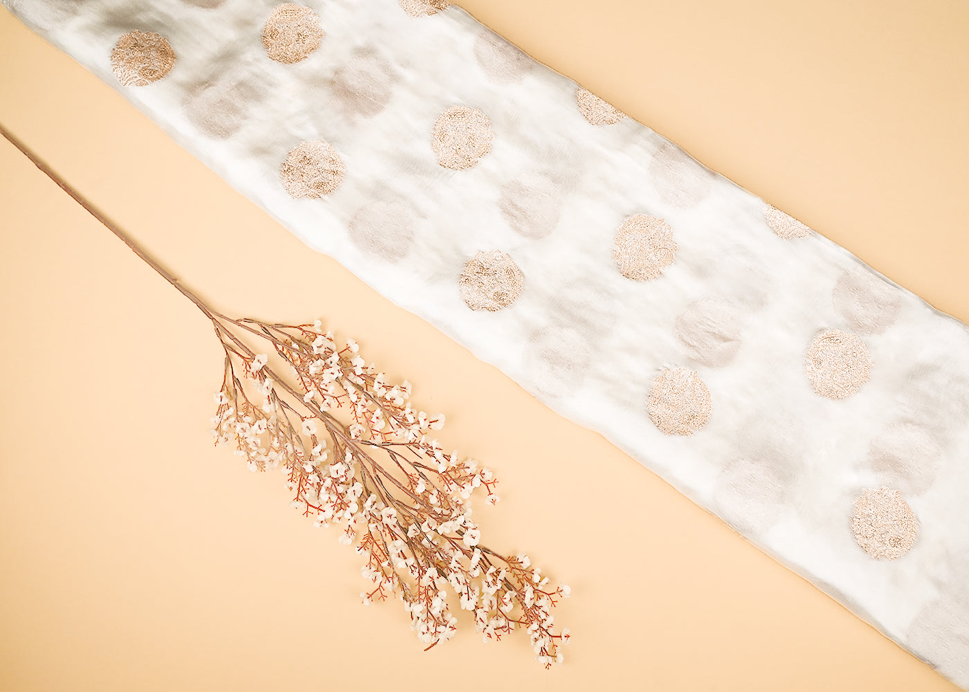 White Dyeable Organza Satin Fabric With All Over Zari Handloom 21702