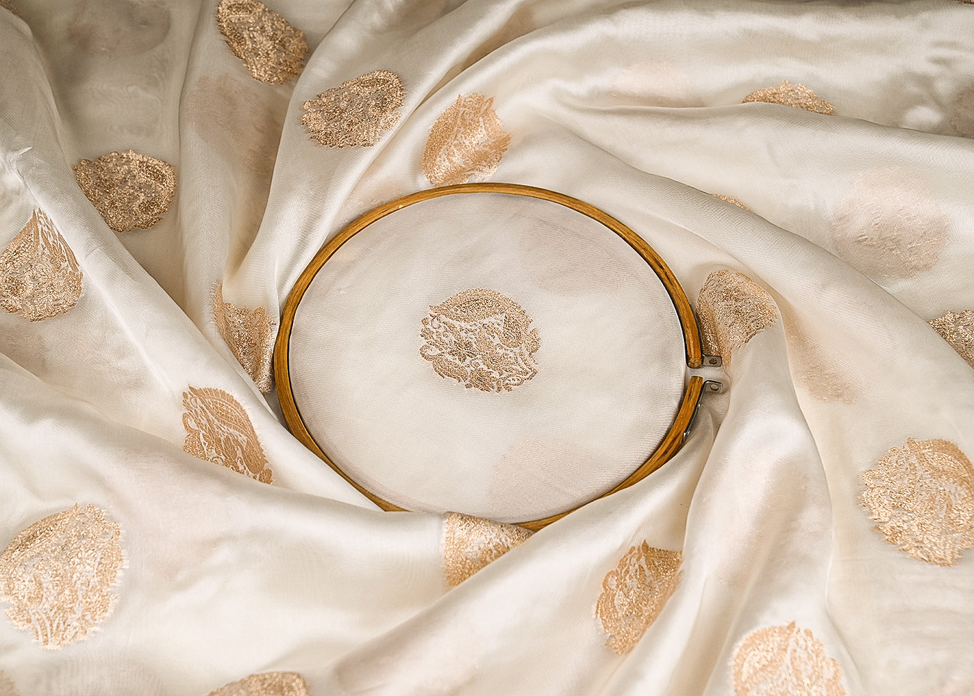 White Dyeable Organza Satin Fabric With All Over Zari Handloom 21702