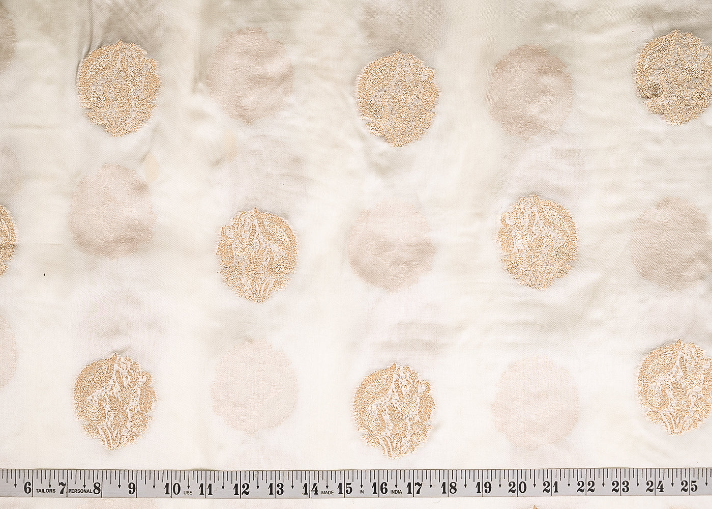 White Dyeable Organza Satin Fabric With All Over Zari Handloom 21702