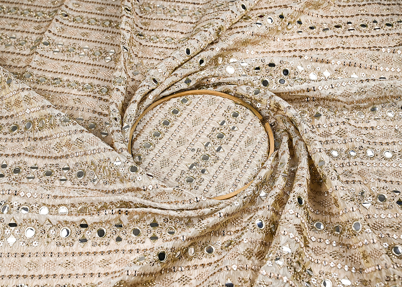 Golden Dyeable Tissue Fabric With All Over Zari, Sequins, Katdana And Faux Mirror Work 21707