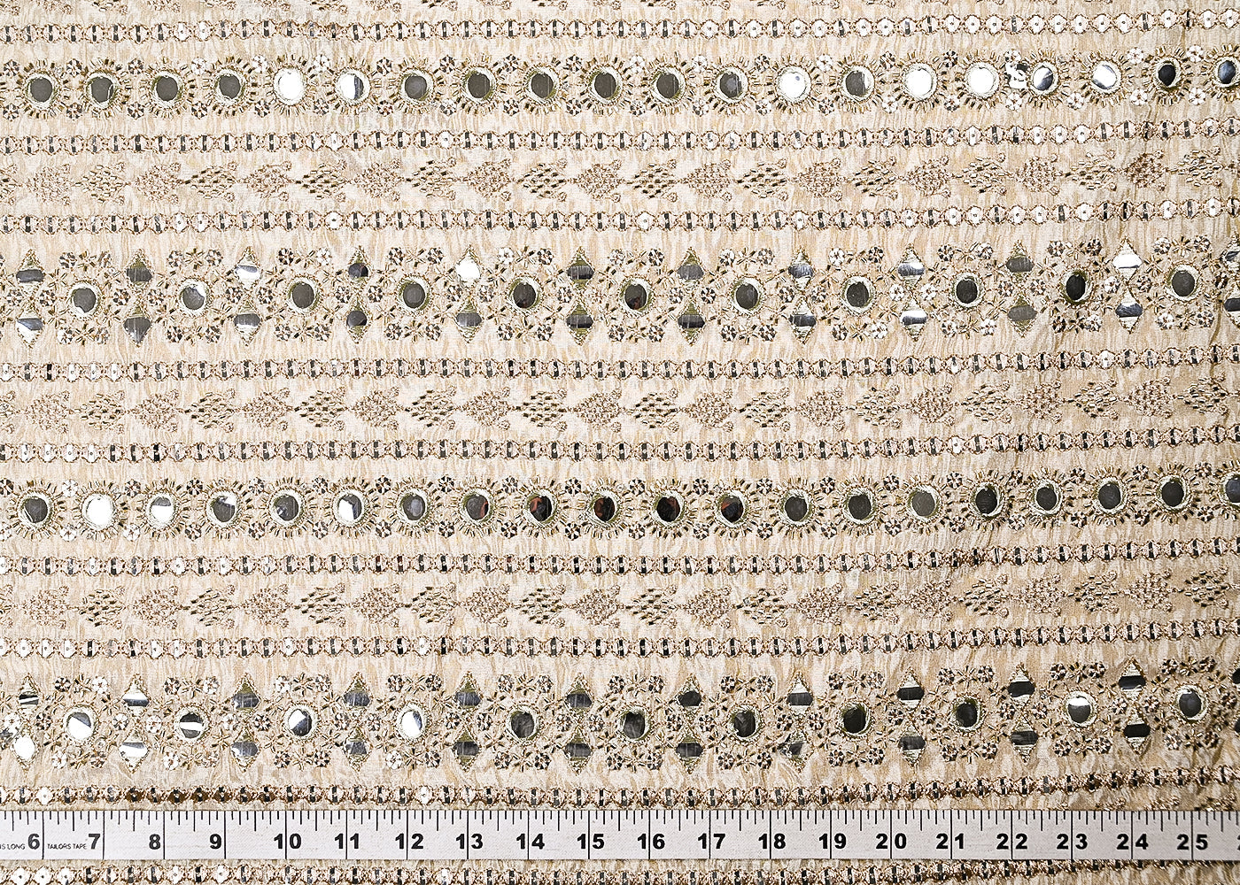 Golden Dyeable Tissue Fabric With All Over Zari, Sequins, Katdana And Faux Mirror Work 21707