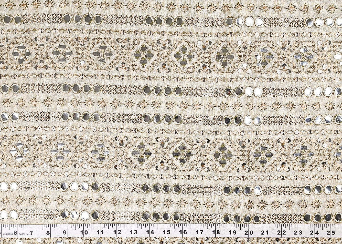Golden Dyeable Tissue Fabric With All Over Zari, Sequins, Katdana And Faux Mirror Work 21708