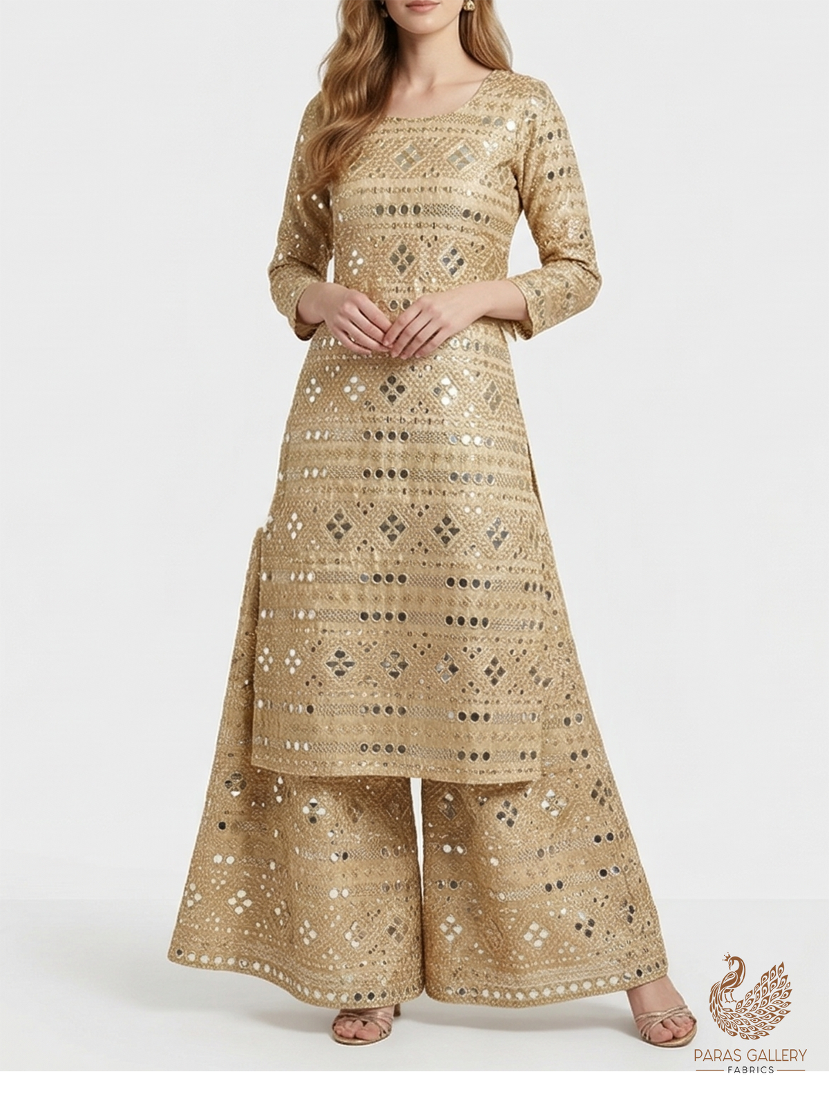 The Noor - Golden Dyeable Tissue Fabric With All Over Zari, Sequins, Katdana And Faux Mirror Work | 21708
