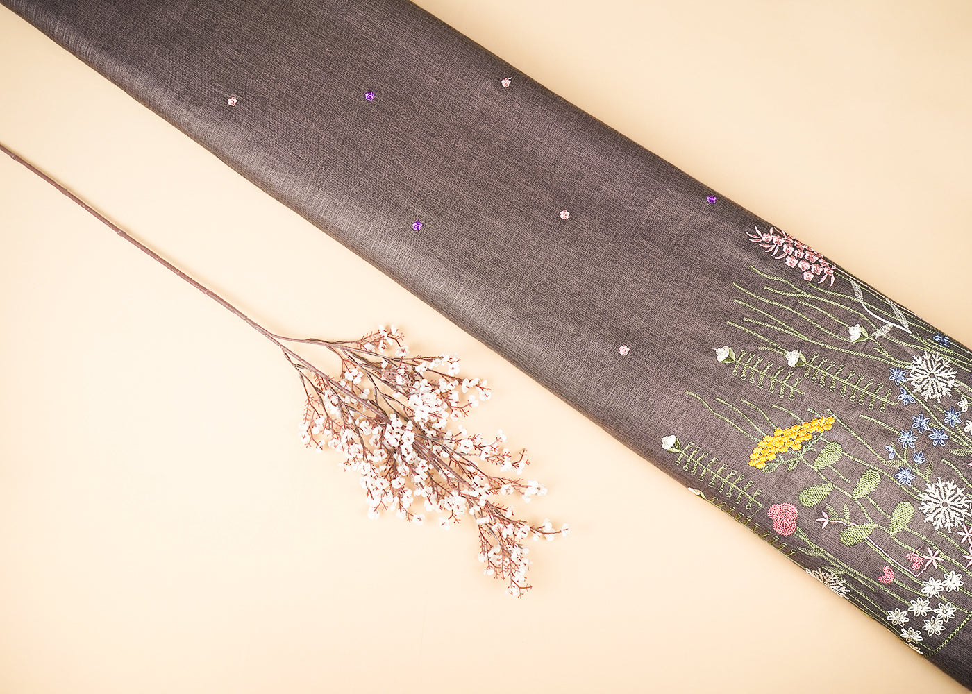 Brown Cotton Linen Fabric With All Over Buti Of Thread Work And Floral Border 21712