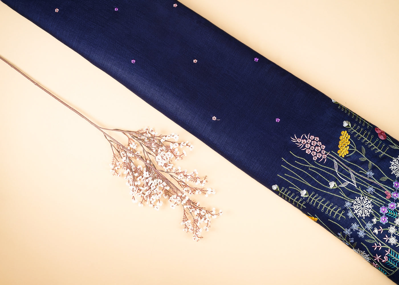 Navy Blue Cotton Linen Fabric With All Over Buti Of Thread Work And Floral Border 21713