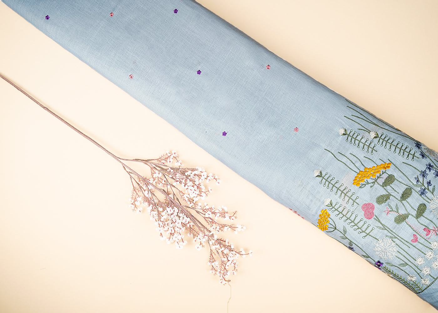 Ice Blue Cotton Linen Fabric With All Over Buti Of Thread Work And Floral Border 21714