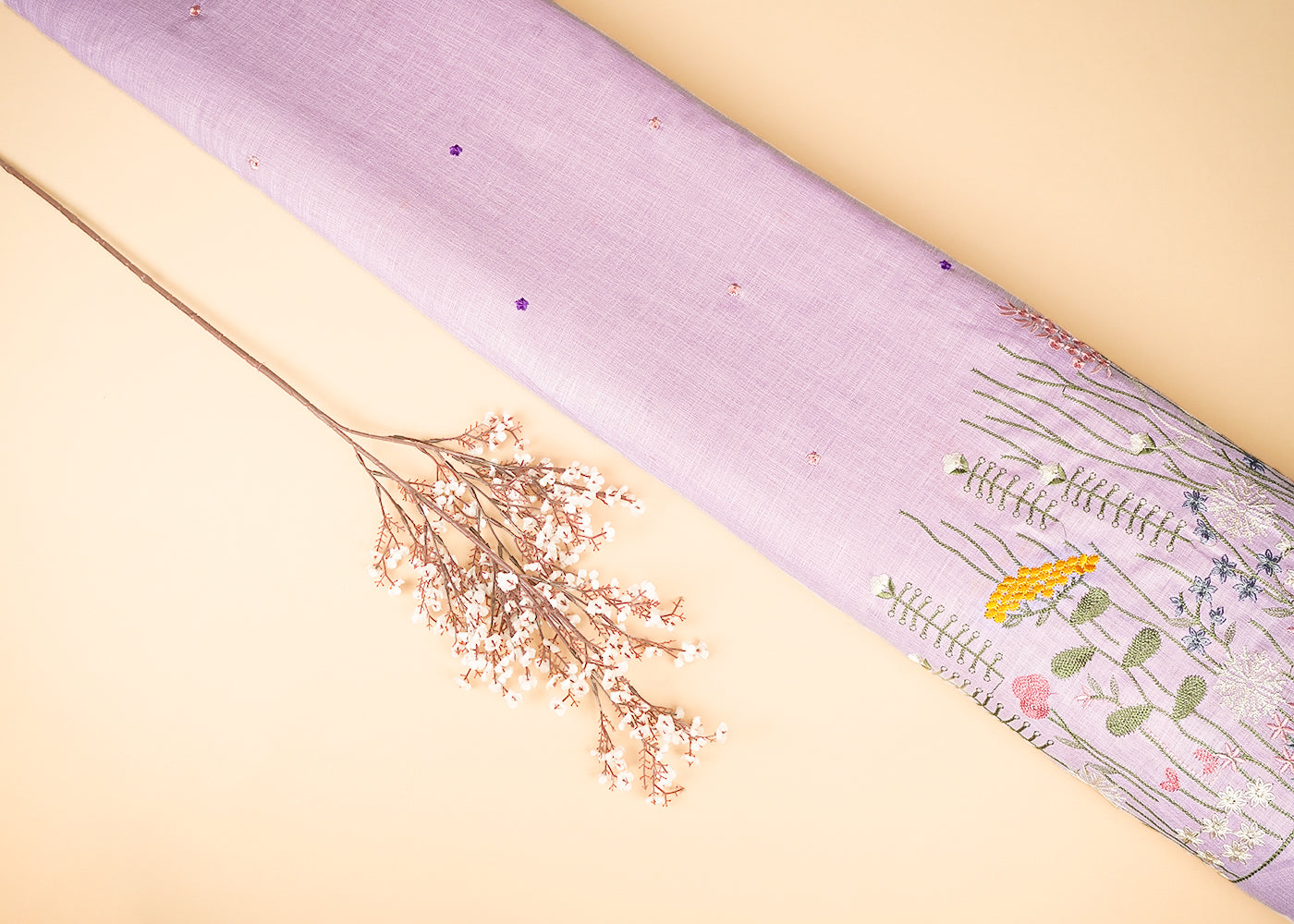 Lilac Cotton Linen Fabric With All Over Buti Of Thread Work And Floral Border 21715