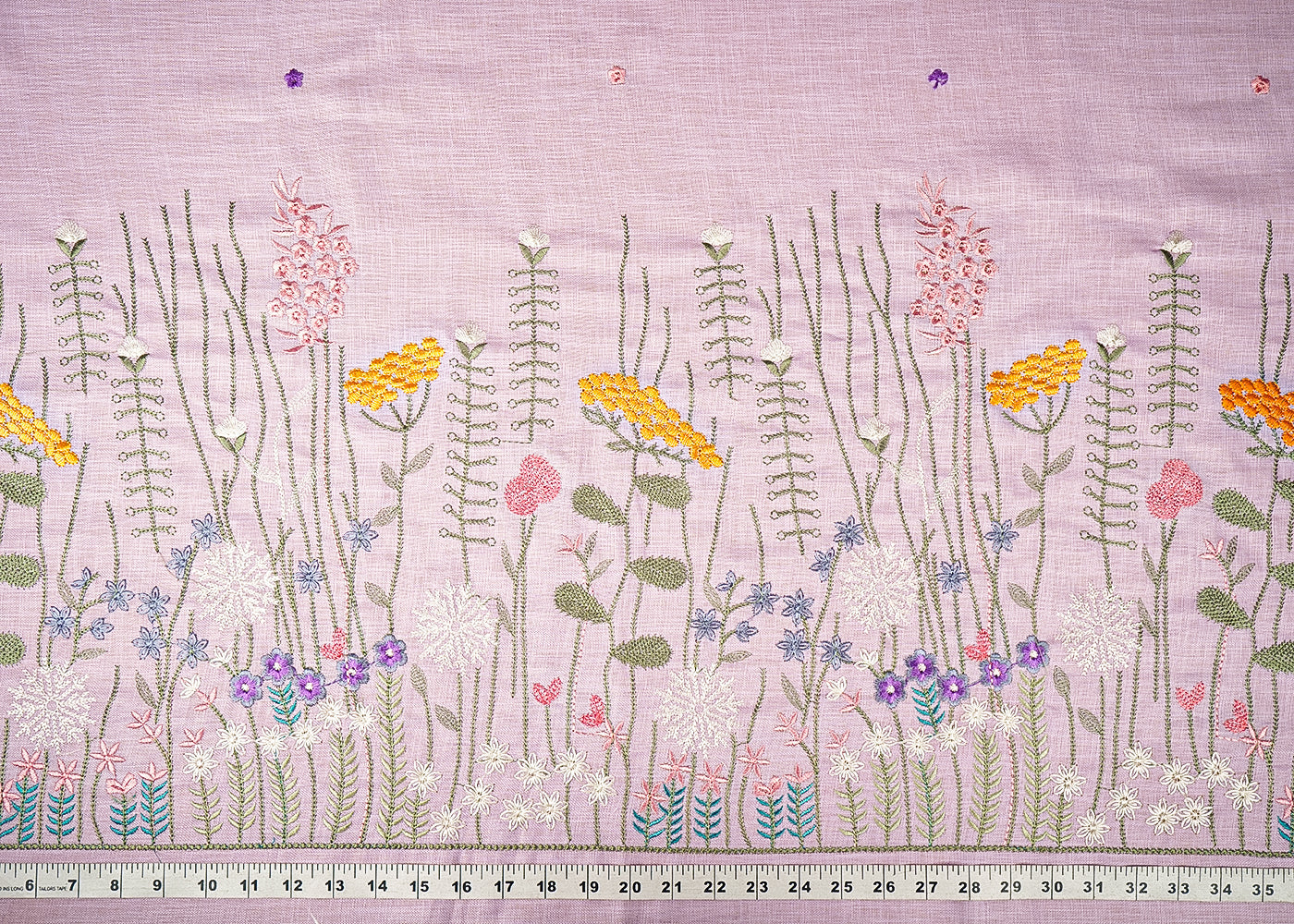 Lilac Cotton Linen Fabric With All Over Buti Of Thread Work And Floral Border 21715