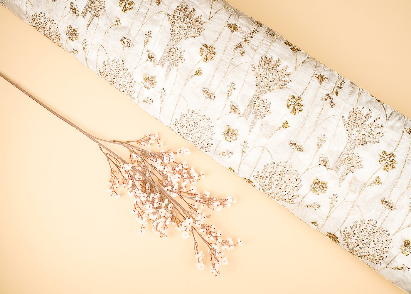 White Dyeable Organza Fabric With All Over Sequins, Bead, Katdana And Zari Work 21716