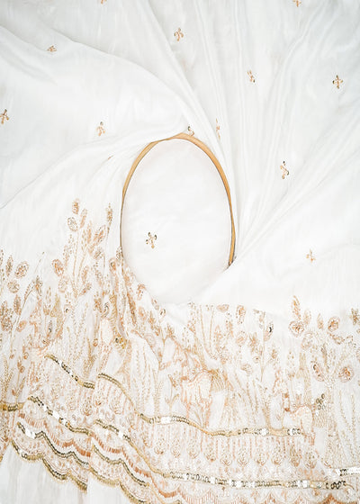White Dyeable Organza Fabric With All Over Buti Of Sequins, Bead, Katdana And Zari Work With One Side Scalloped Border 21717