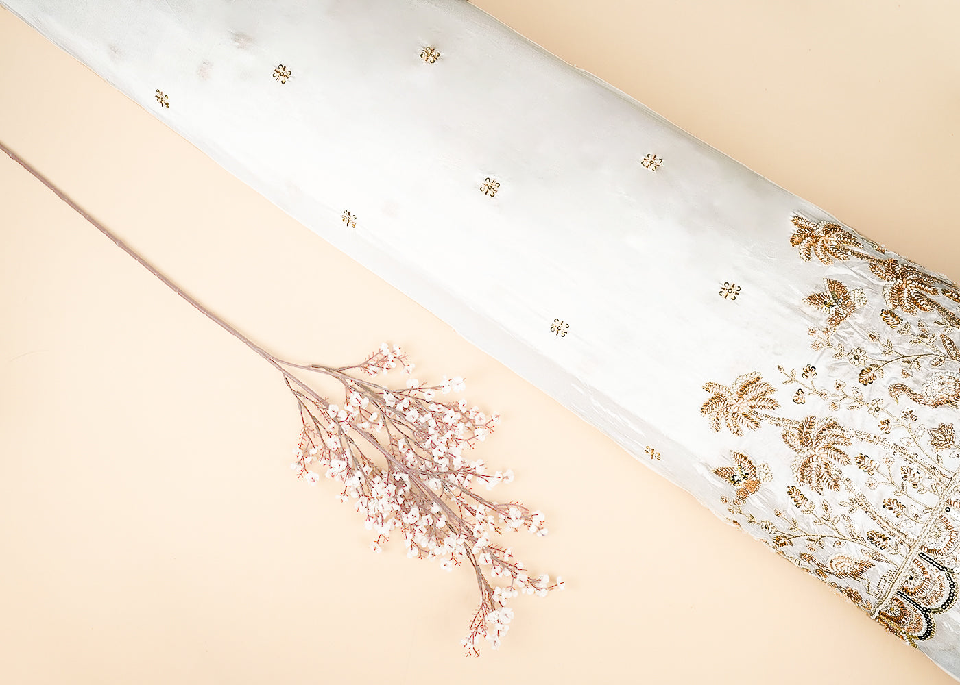 White Dyeable Organza Fabric With All Over Buti Of Sequins, Bead And Katdana Work With One Side Scalloped Border 21718