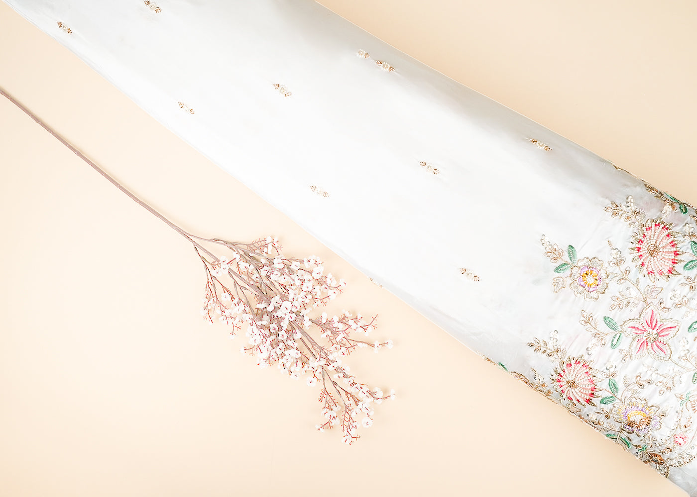 White Dyeable Crepe Fabric With All Over Buti Of Katdana, Bead And Sequins Work With One Side Scalloped Border 21719