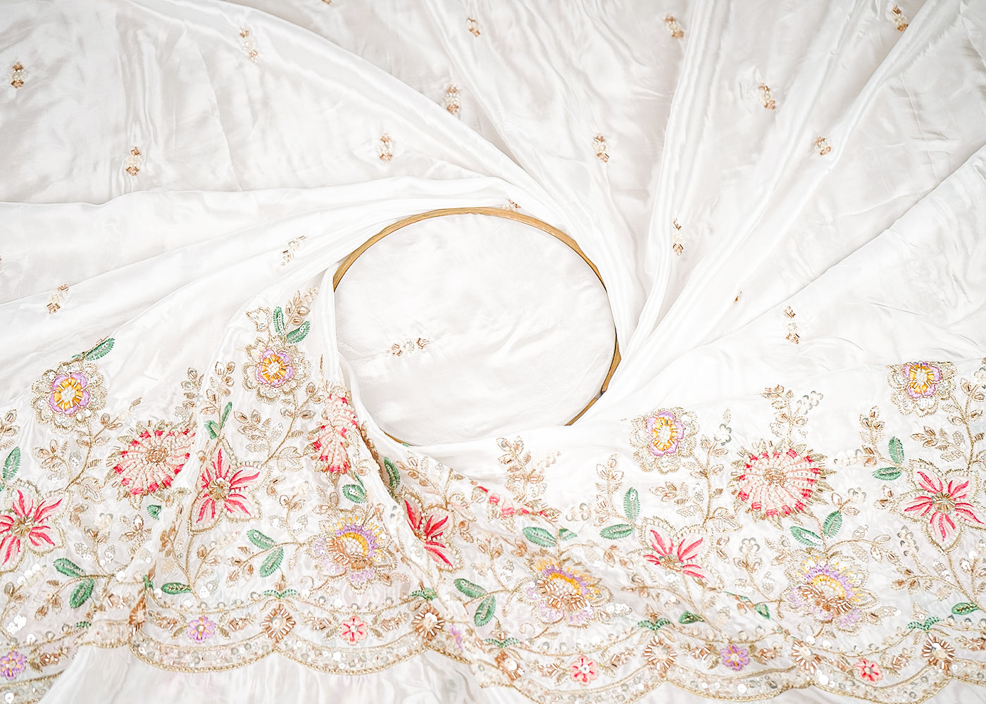 White Dyeable Crepe Fabric With All Over Buti Of Katdana, Bead And Sequins Work With One Side Scalloped Border 21719