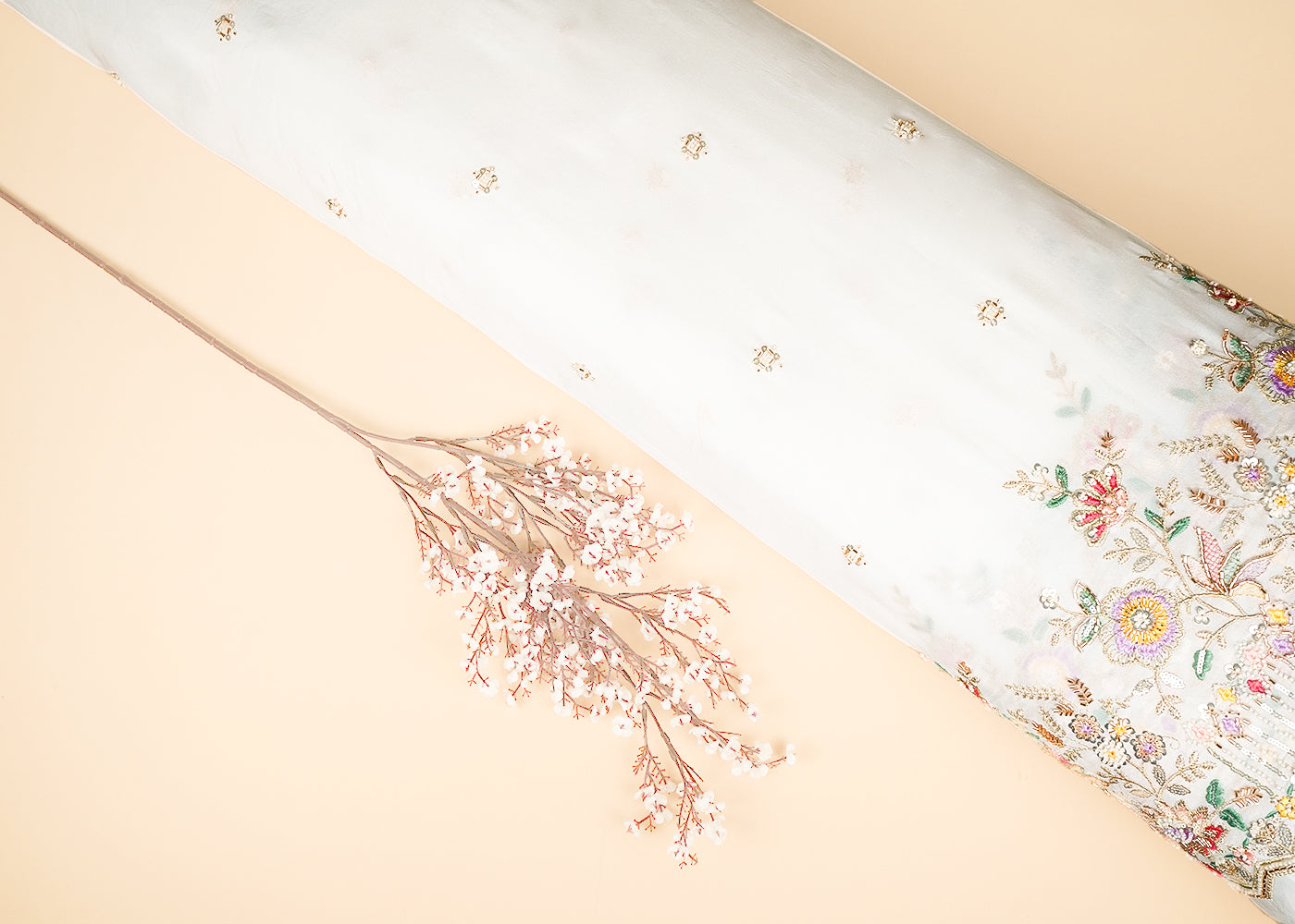 White Dyeable Georgette Fabric With All Over Buti Of Sequins, Katdana And Bead Work With One Side Border 21721