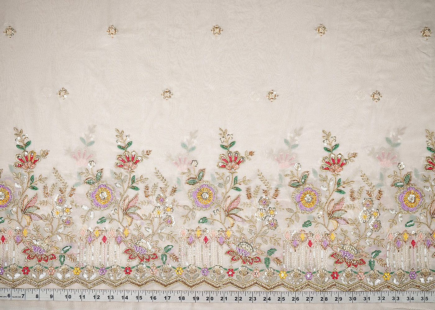 White Dyeable Georgette Fabric With All Over Buti Of Sequins, Katdana And Bead Work With One Side Border 21721