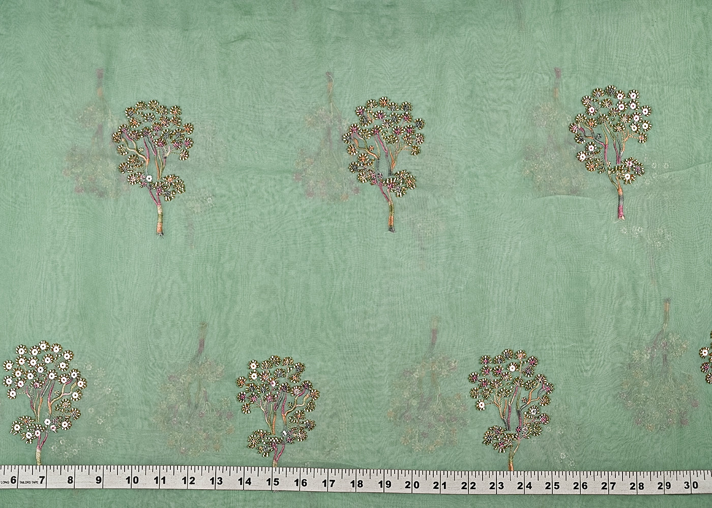 Aqua Green Organza Fabric With All Over Thread, Sequins And Katdana Work 21722