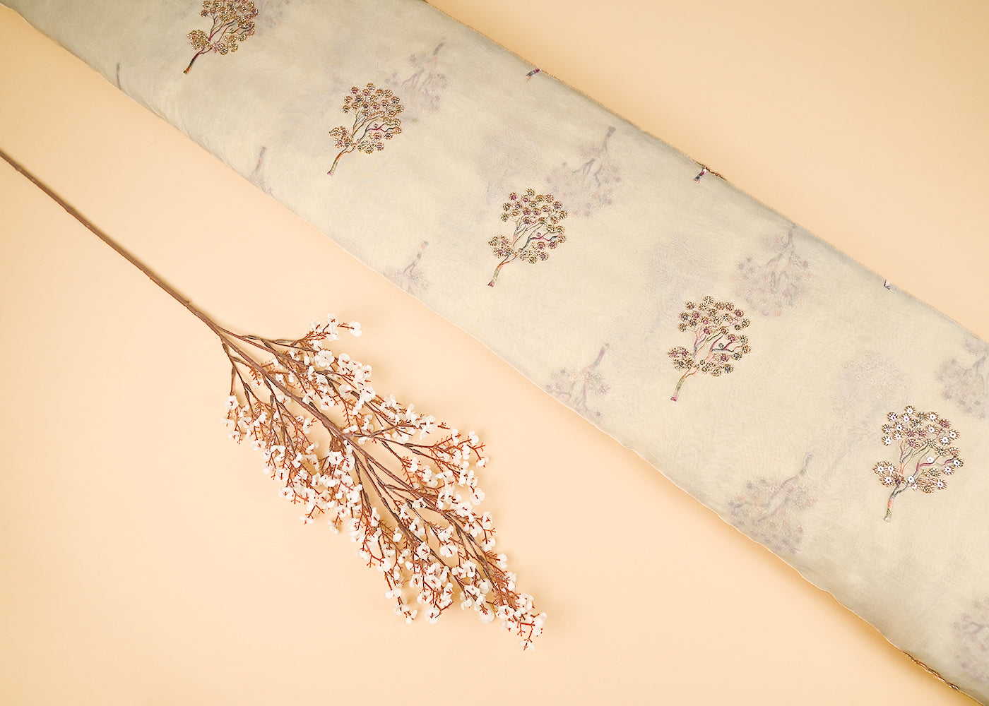 Light Cream Organza Fabric With All Over Thread, Sequins And Katdana Work 21723