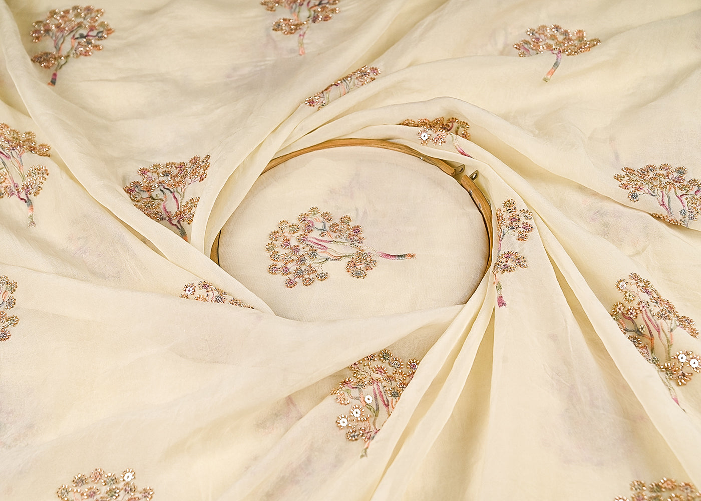 Light Cream Organza Fabric With All Over Thread, Sequins And Katdana Work 21723