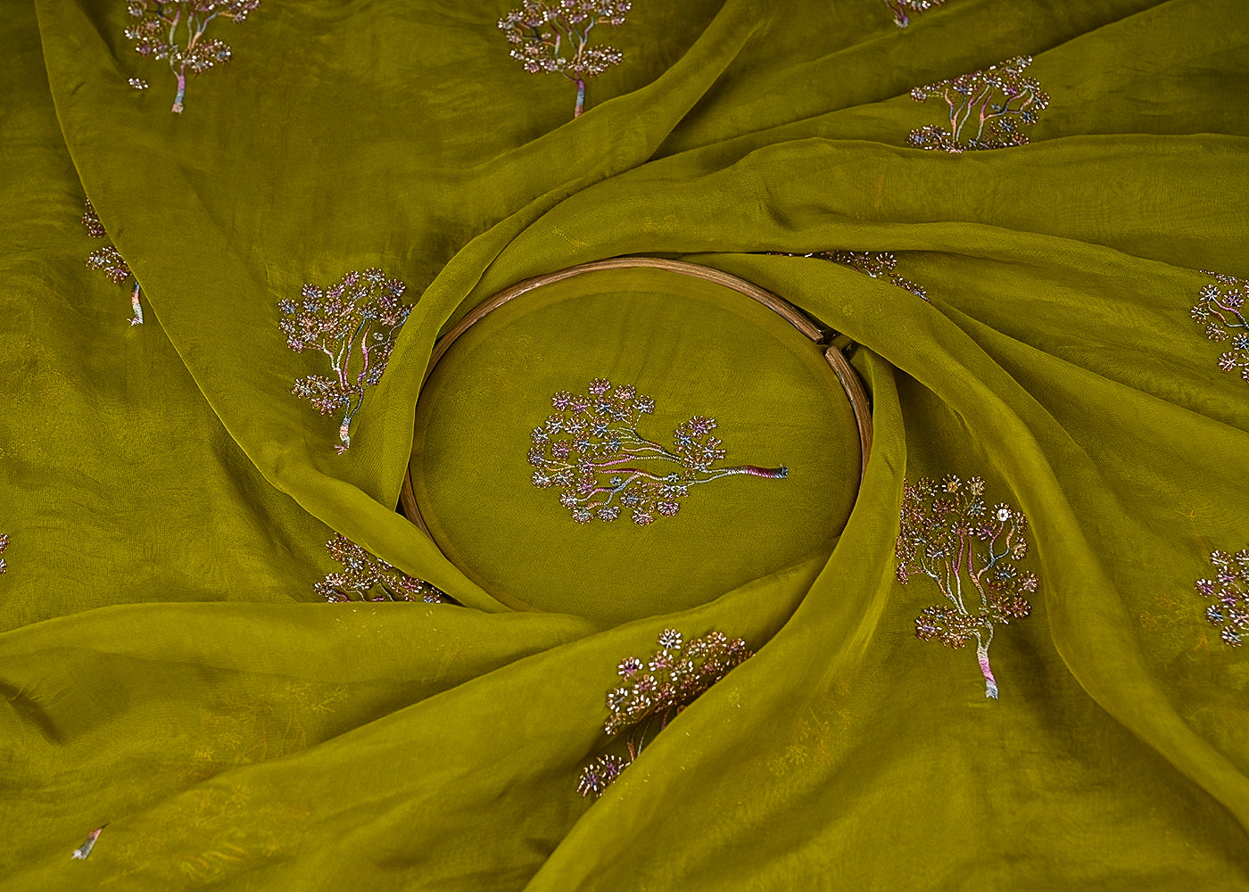 Green Organza Fabric With All Over Thread, Sequins And Katdana Work 21724