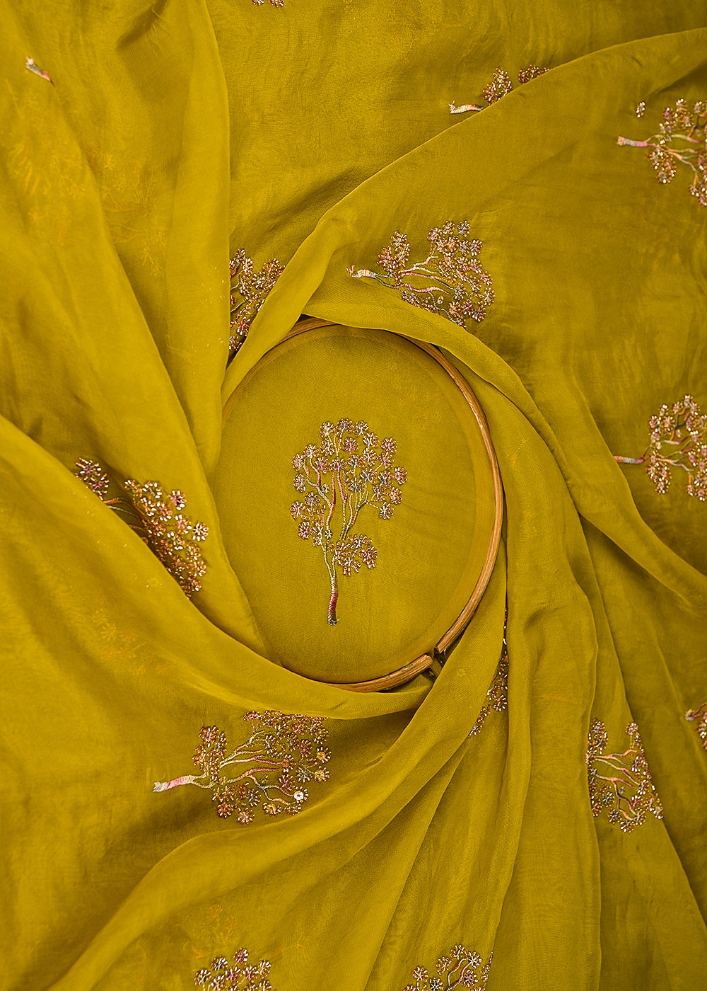Mehendi-Green-Organza-Fabric-With-All-Over-Thread-Sequins-And-Katdana-Work-21724-close-view