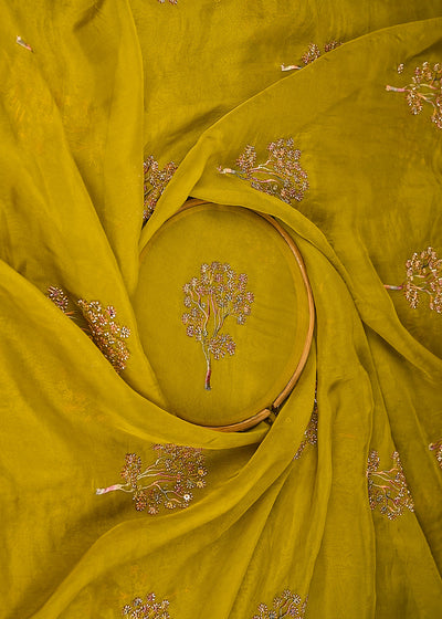 Mehendi Green Organza Fabric With All Over Thread, Sequins And Katdana Work 21724