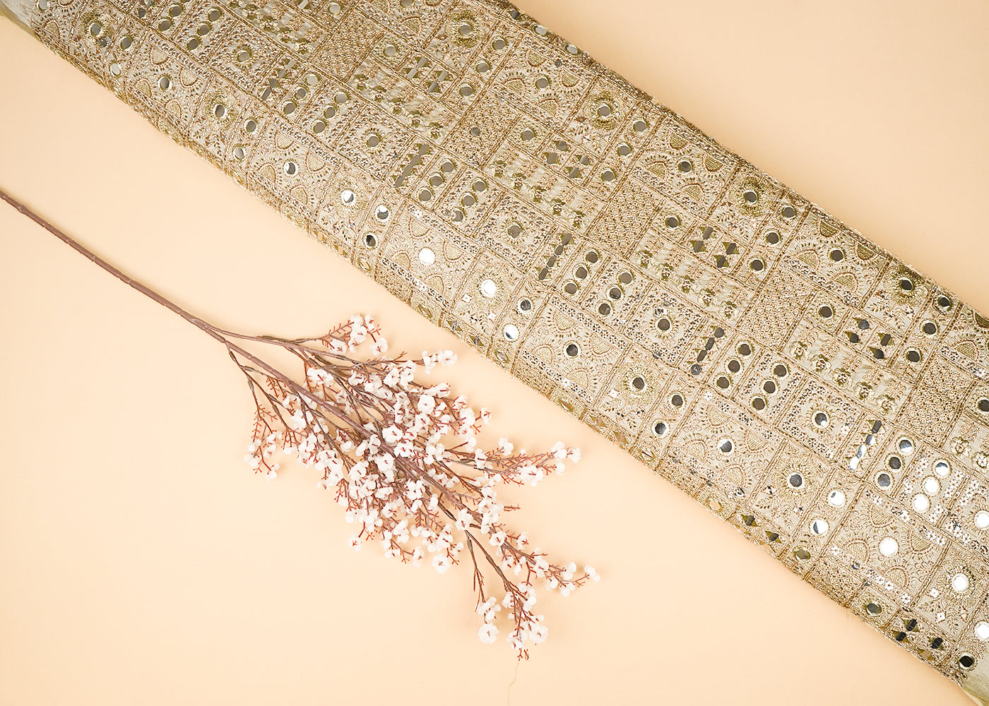 Golden Dyeable Tissue Fabric With All Over Zari, Faux Mirror And Katdana Work 21727