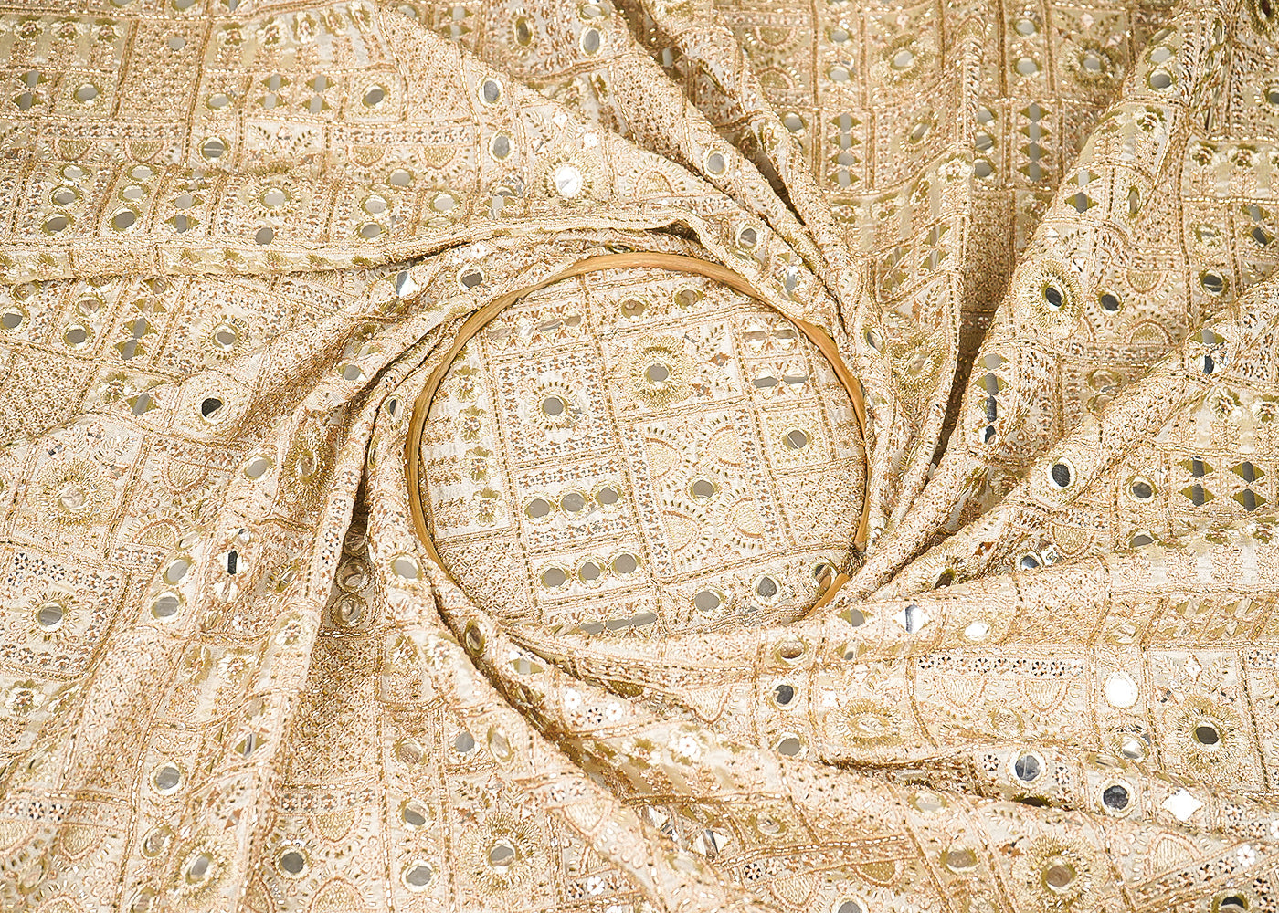 Golden Dyeable Tissue Fabric With All Over Zari, Faux Mirror And Katdana Work 21727