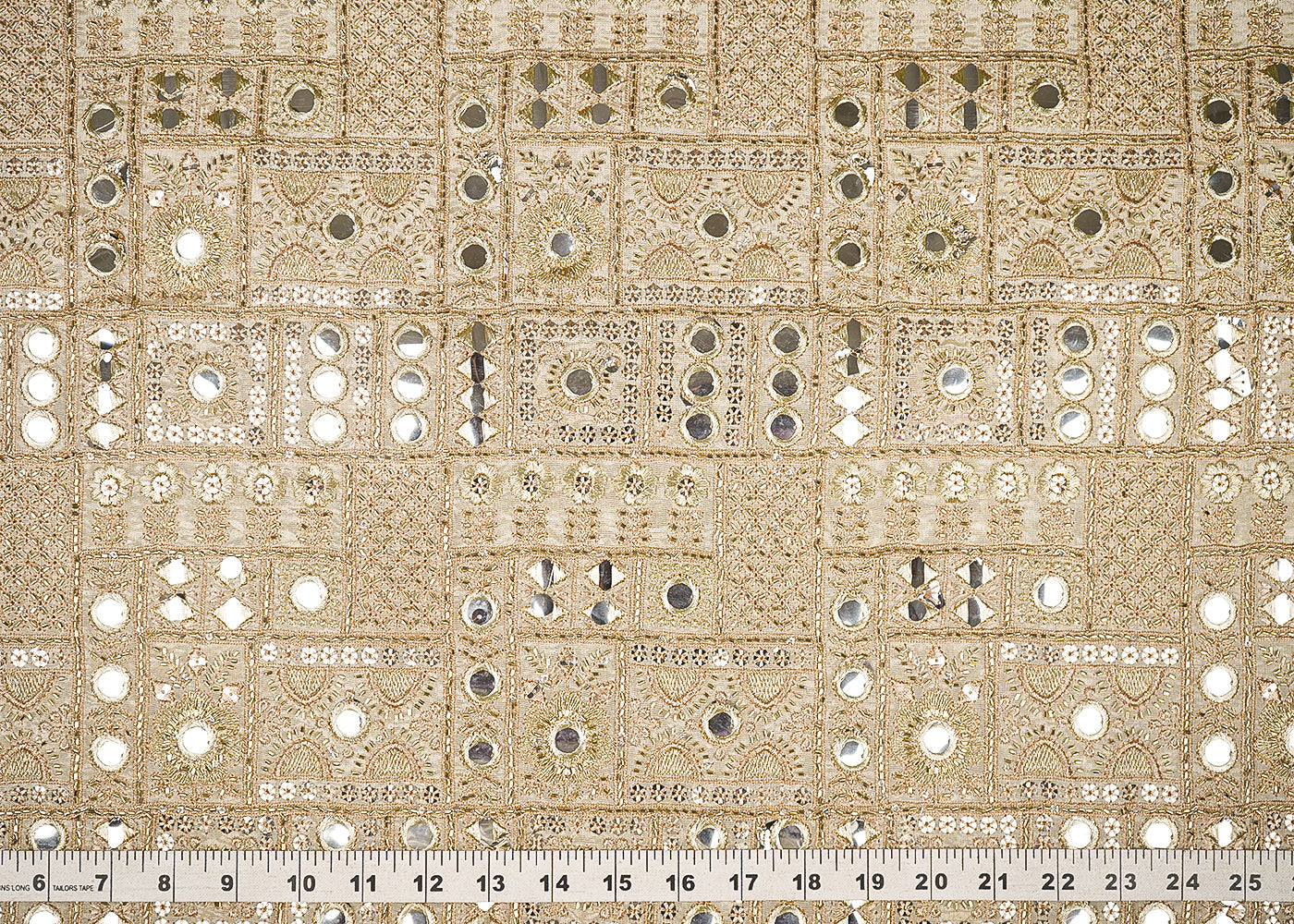 Golden Dyeable Tissue Fabric With All Over Zari, Faux Mirror And Katdana Work 21727