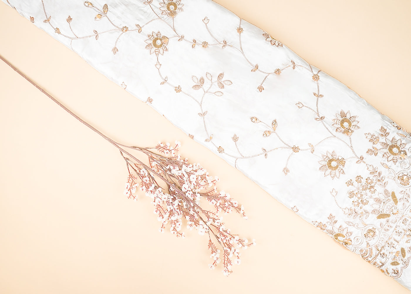 White Dyeable Crepe Fabric With All Over Zari, Sequins, Bead, Dabka And Katdana Work With One Side Scalloped Border 21728