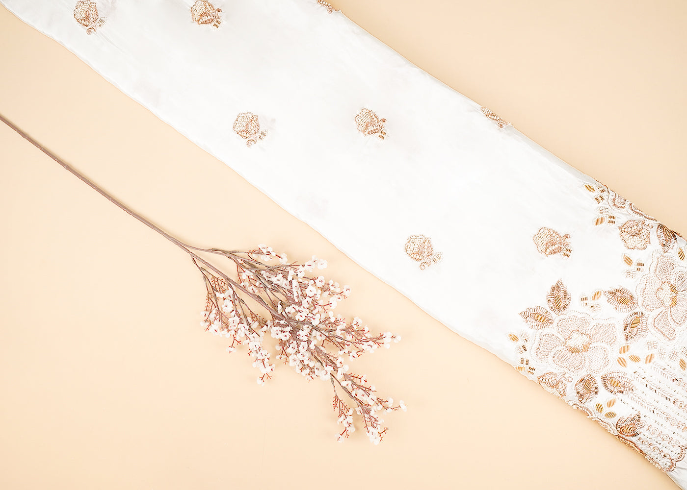 White Dyeable Crepe Fabric With All Over Floral Buti Of Zari, Sequins, Pearl, Bead, Dabka And Katdana Work With One Side Scalloped Border 21729