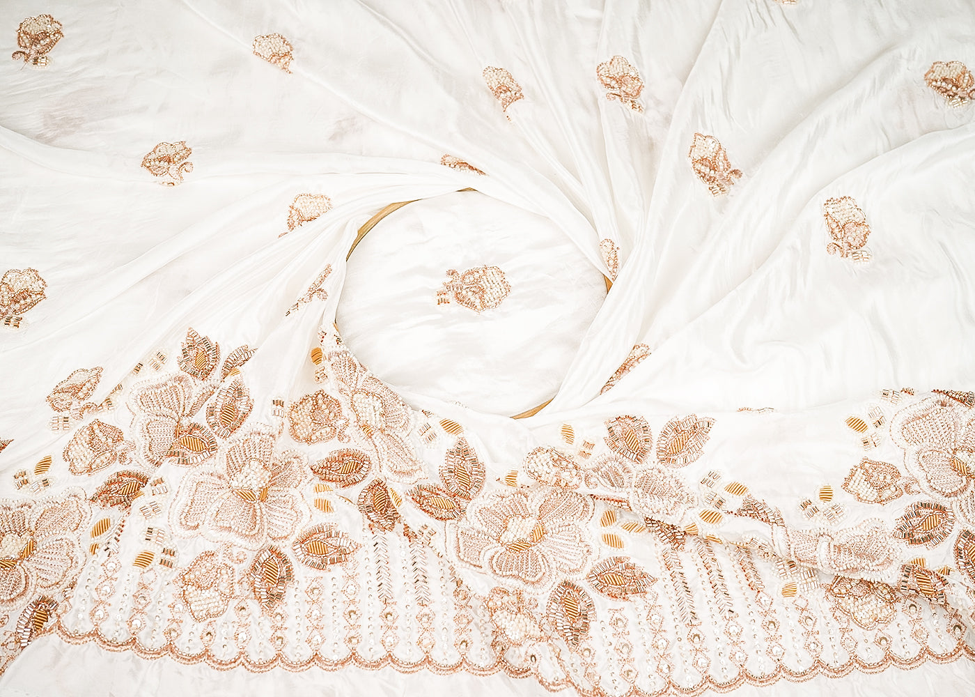 White Dyeable Crepe Fabric With All Over Floral Buti Of Zari, Sequins, Pearl, Bead, Dabka And Katdana Work With One Side Scalloped Border 21729