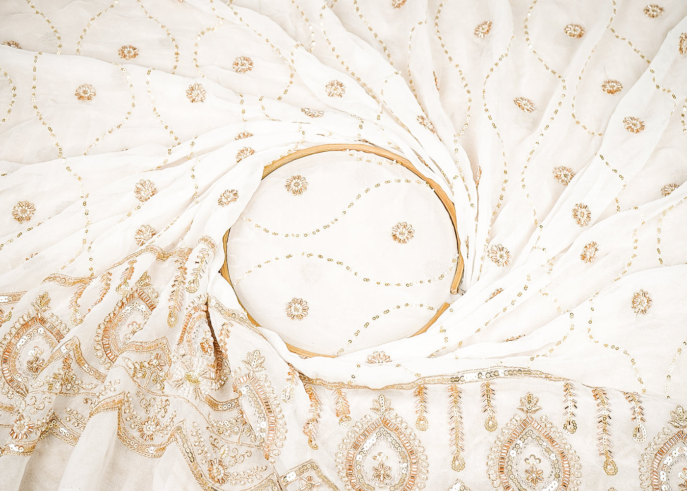 White Dyeable Georgette Fabric With All Over Sequins, Bead And Katdana Work With One Side Scalloped Border 21731