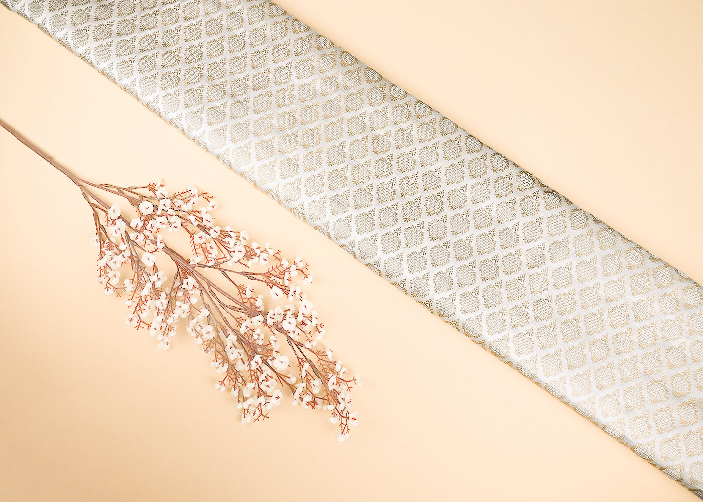 White Dyeable Banarasi Brocade Fabric With All Over Zari Handloom 21741