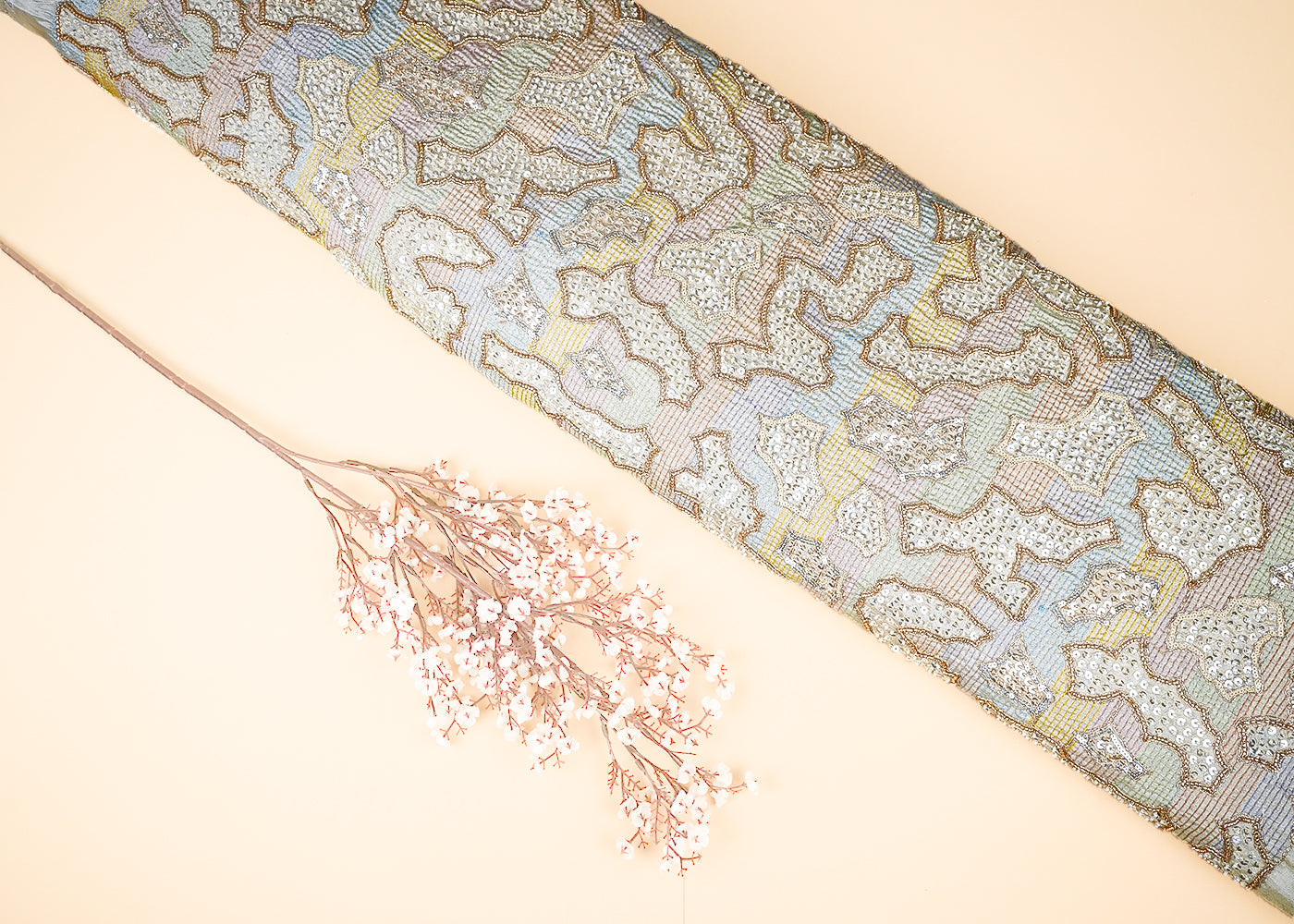 Golden Dyeable Tissue Fabric With All Over Multi Color Thread, Sequins And Bead Work 21649