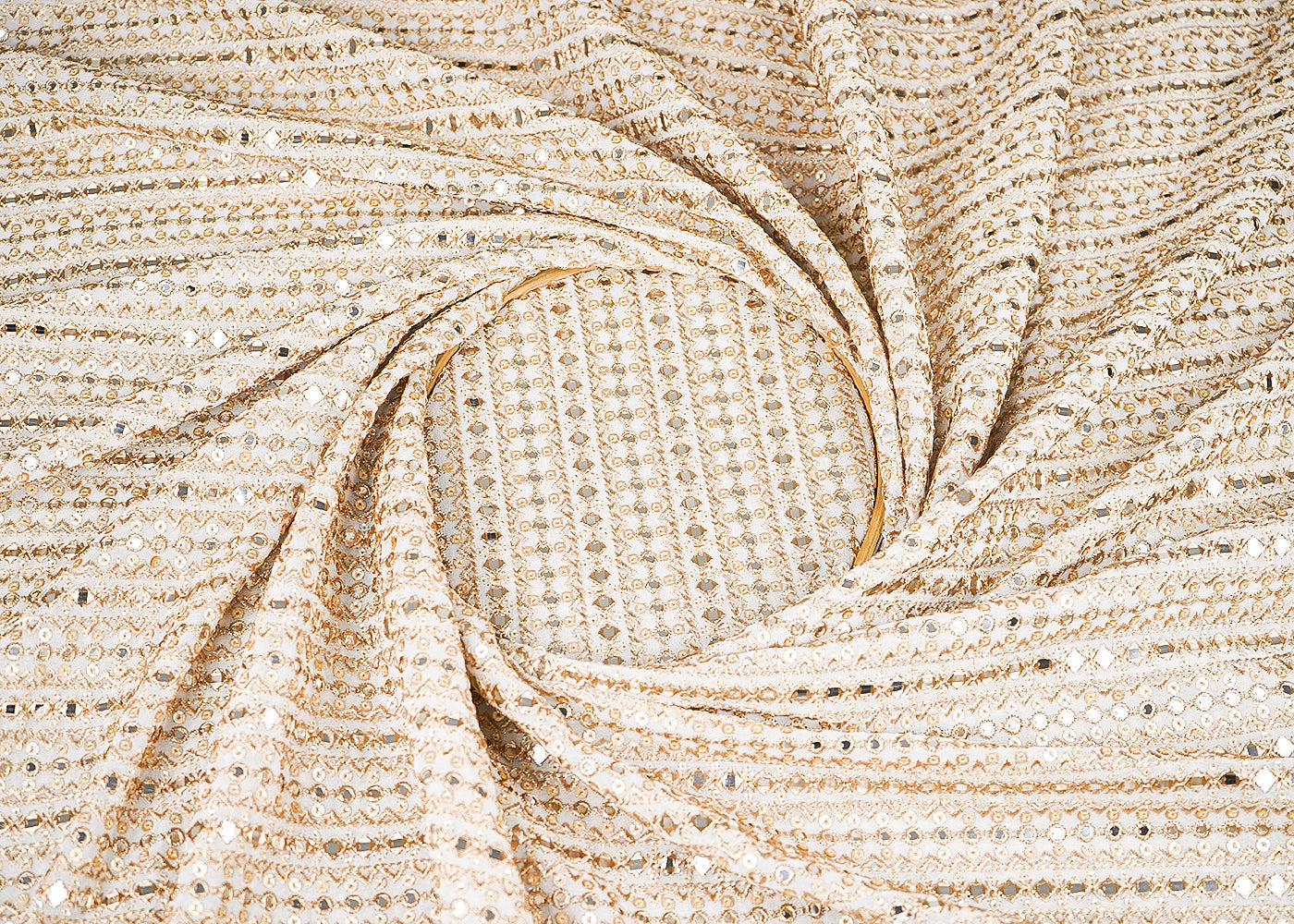 White Dyeable Georgette Fabric With All Over Zari, Sequins And Faux Mirror Work 21750